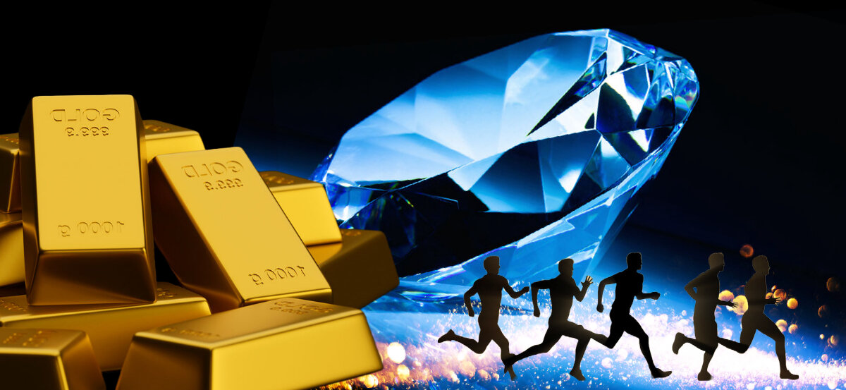 Collage Graphic of Gold bars stacked, large blue diamond, and black silhouettes of track runners.